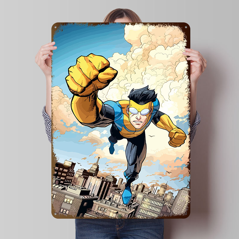 Invincible Flying Over City Me - Retro Poster Gaming recension och pris
