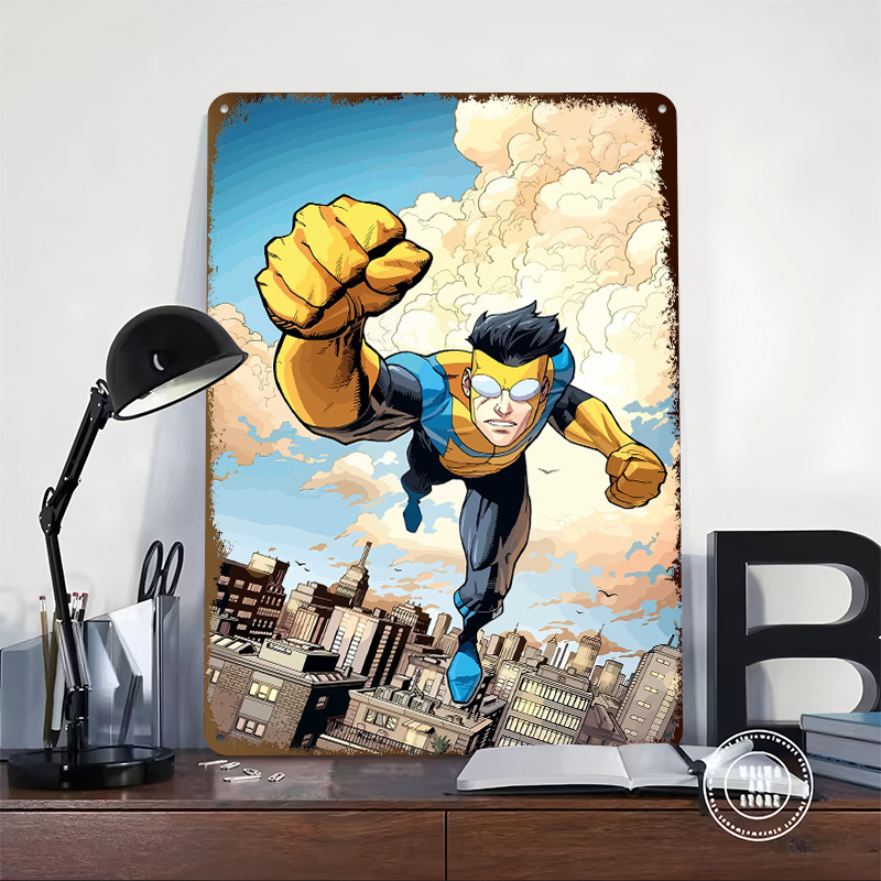 Invincible Flying Over City Me - Retro Poster Gaming recension och pris