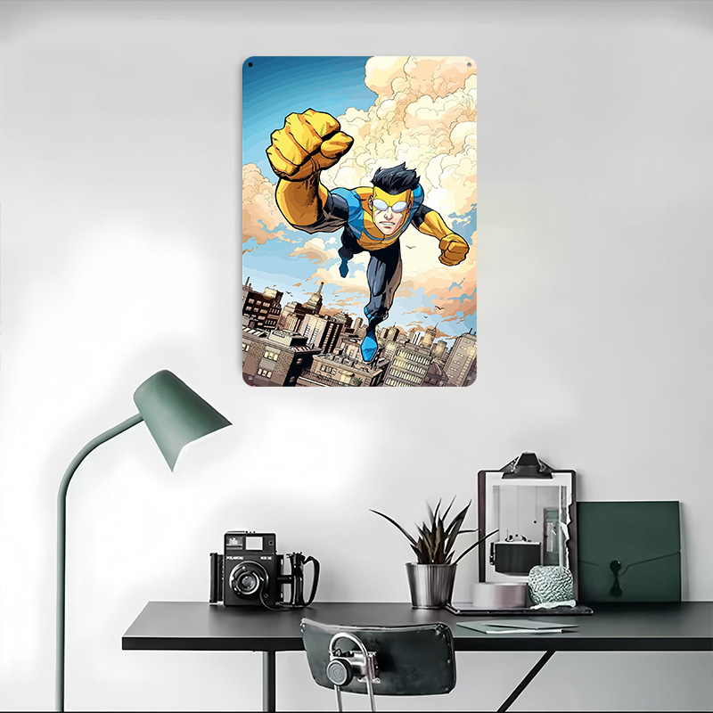 Invincible Flying Over City Me - Retro Poster Gaming recension och pris